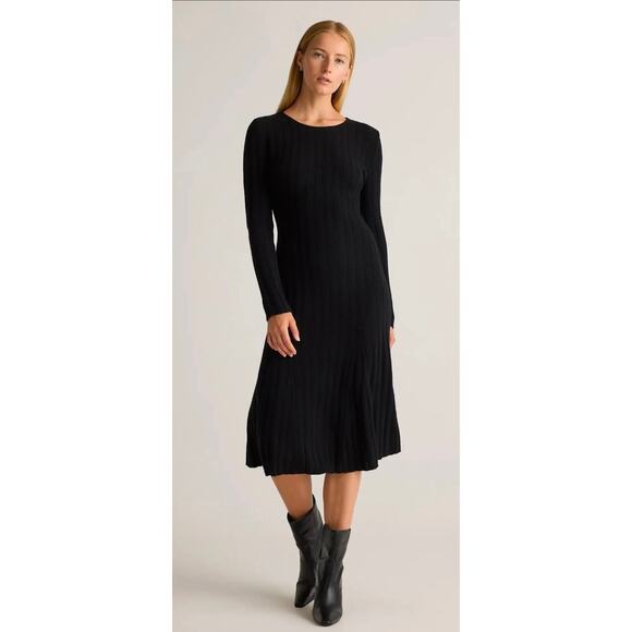Quince Mongolian Cashmere Black Dress Womens Small Wide Rib Midi Stretch Scoop - Picture 1 of 13